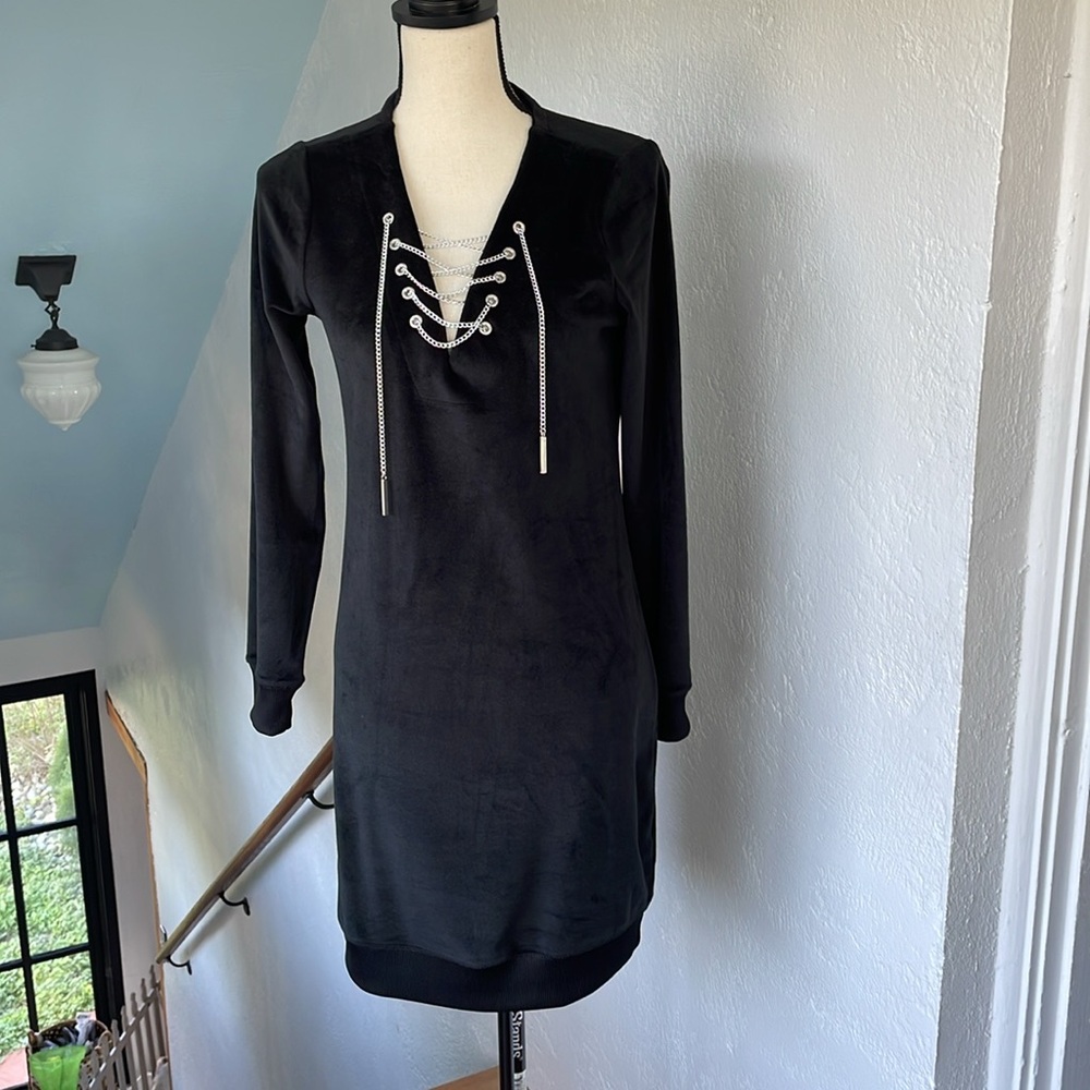 Michael Kors Black Velour mini‎ dress with chain detail Size XS
